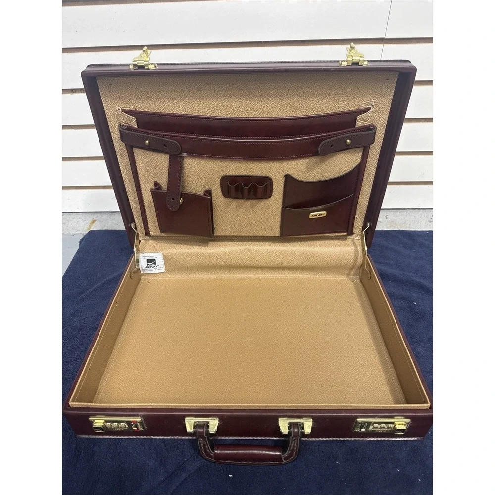 VTG Airway Presto Combination Lock Mens Leather Attache Briefcase Burgundy NICE!